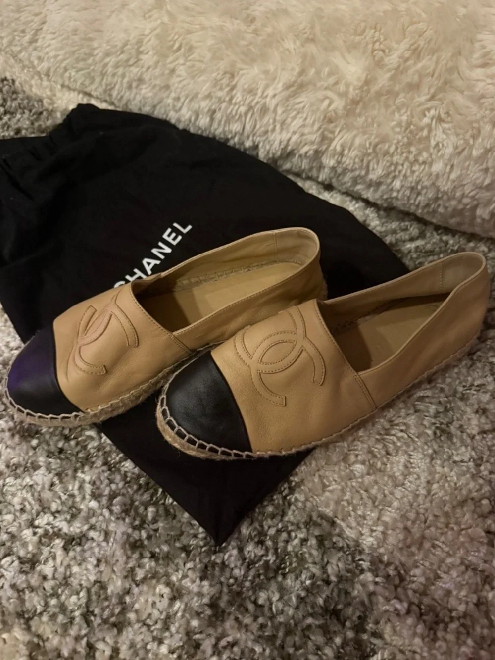 Chanel Espadrilles Beige & Black Chanel Flats Shoes Size 6